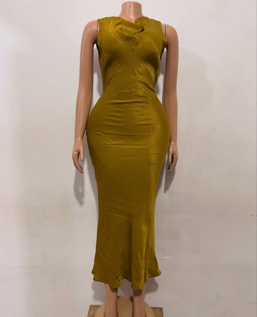 Olive-gold sleeveless midi dress on a mannequin